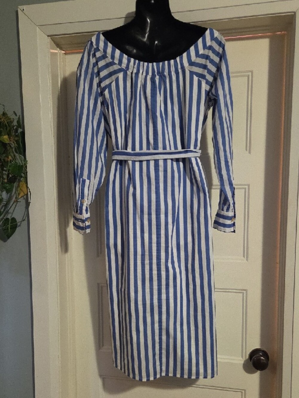 Blue and White Vertical Stripe Long-Sleeve Shirt Dress - Picture 5 of 8